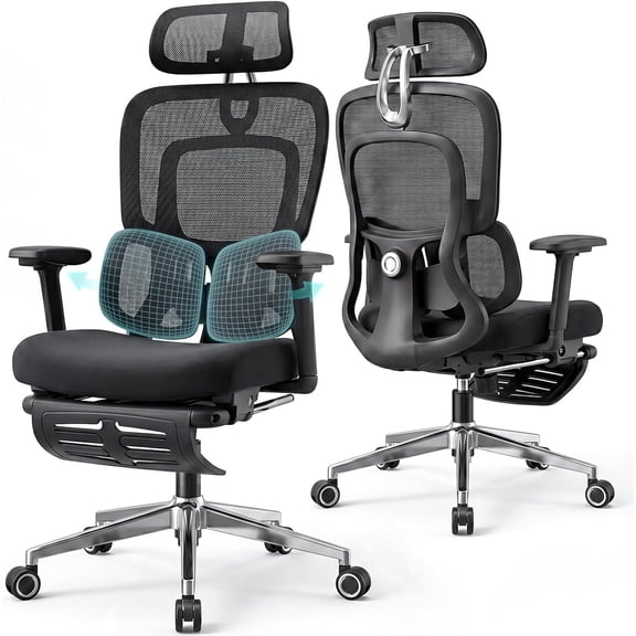 Ergonomic Desk Chair w/ Footrest, 4D Arms, 3D Headrest, Lumbar Support & 135° Recline for Home/Office Black