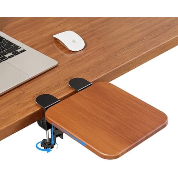 Ergonomic Desk Extender Tray, 8.2"x7.6" Table Mount Arm Wrist Rest Shelf, 90 Foldable Elbow Support, Sturdy Mouse Arm Support,Clamp on Computer Arm Rest for Desk, Office & Home Use,Wood