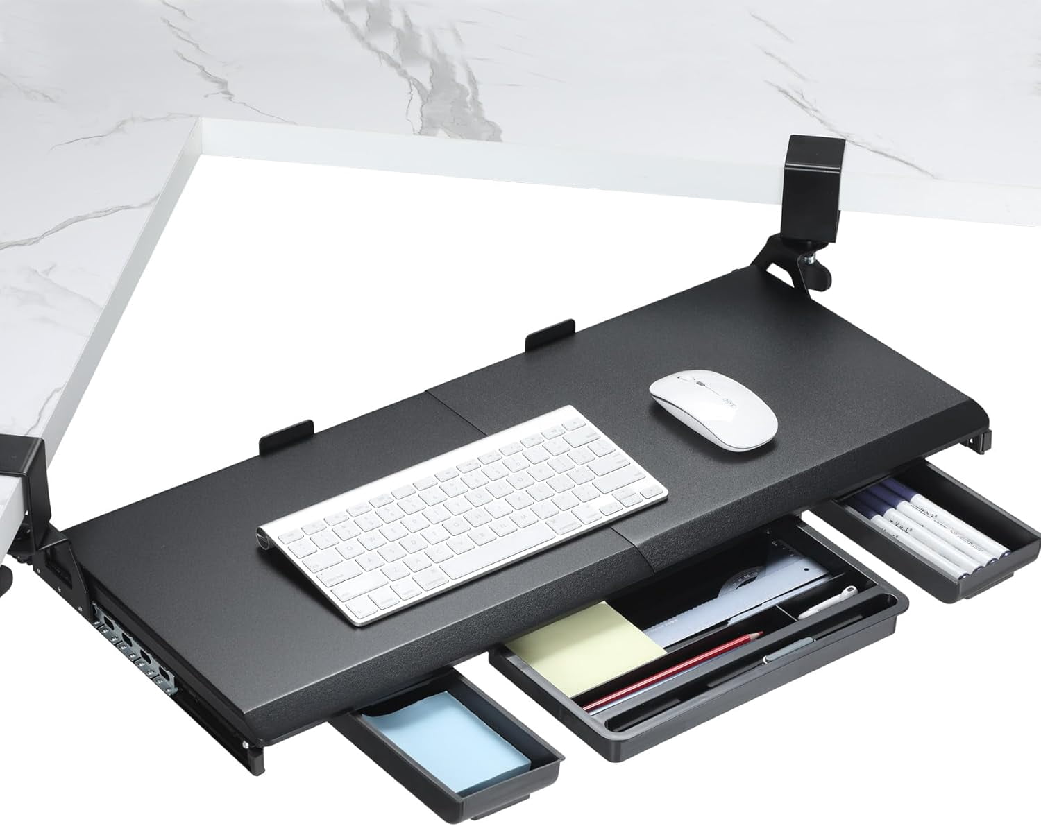 Ergonomic Corner Keyboard Tray Under Desk with 180 °   Adjustable C Clamp for L Shape Desk 26.77" X 12.2" Easy to Install Computer Keyboard Stand for Home and Office Black