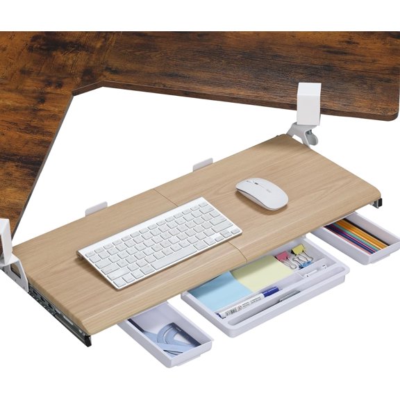 Ergonomic Under Desk Keyboard Tray with 180    Adjustable C-Clamp for L-Shape Desk, 26.77" x 12.2" Easy Install Wooden Computer Keyboard Stand for Home and Office