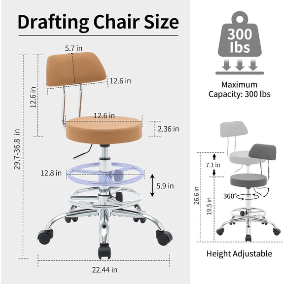 Ergonomic Desk Stool (Sturdy Rolling Stool with Back) (Swivel Armless Office Chair 19.5"-26.6") Adjustable Footrest Salon Chair (Camel Brown)