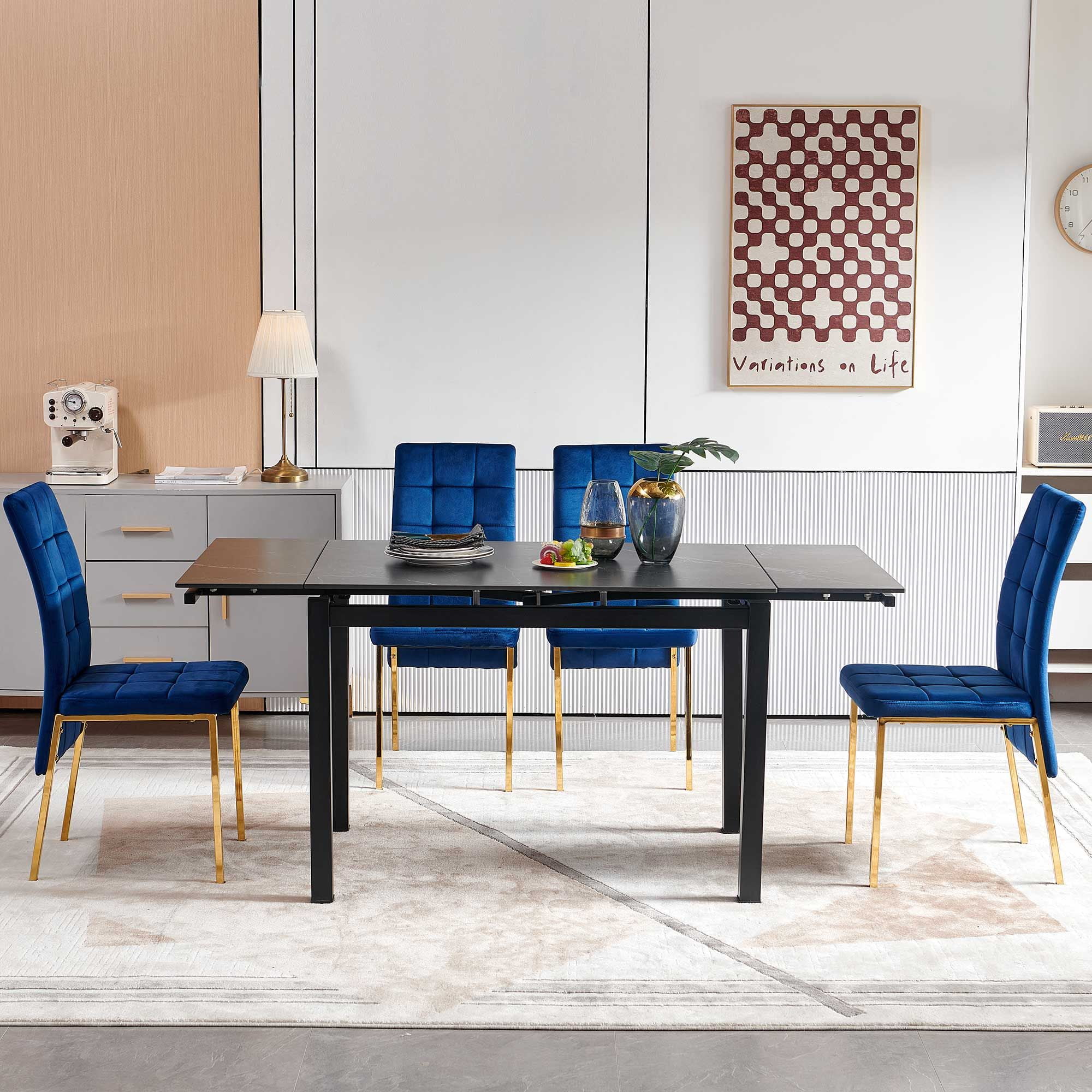Ergonomic Dining Table Set with Velvet High Back Golden Color Legs, 5 ...