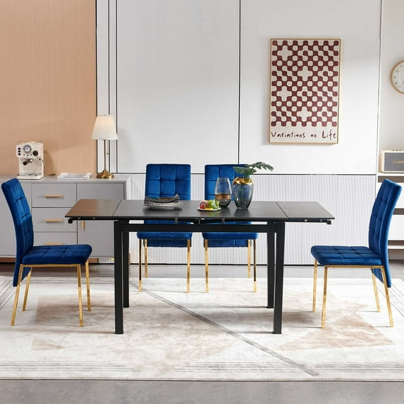 Ergonomic Dining Table Set with Velvet High Back Golden Color Legs, 5 Piece Dining Table Set can be Extended from 43.31'' to 66.54'', Table & Upholstered Chair for Small Places(Blue)