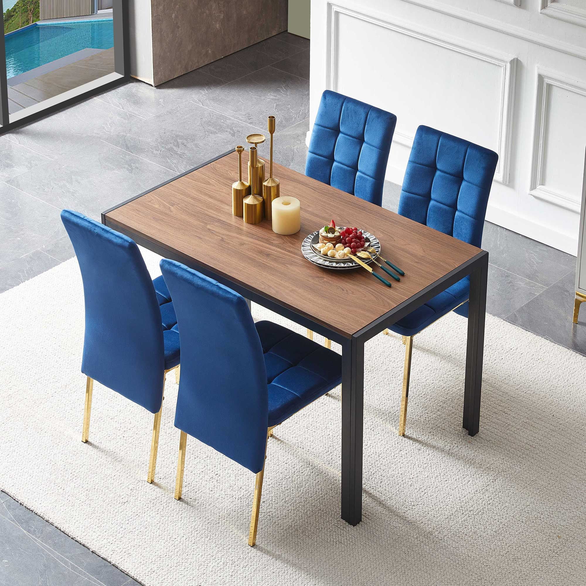 Ergonomic Dining Table Set with Velvet High Back Golden Color Legs ...