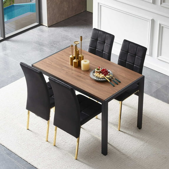 Ergonomic Dining Table Set with Velvet High Back Nordic Dining Chair & Creative Design MDF Dining Table, 5 Piece Dining Table Set, Wooden Table & Upholstered Chair for Small Places(Black)