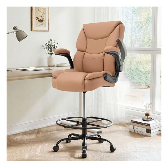Ergonomic Drafting Chair, Standing Desk, High Back Standing Desk Chair with -Up Armrest, Adjustable Height&Foot Ring, Executive Extended Height Office Chairs,PU Leather Brown Brown Rectangular