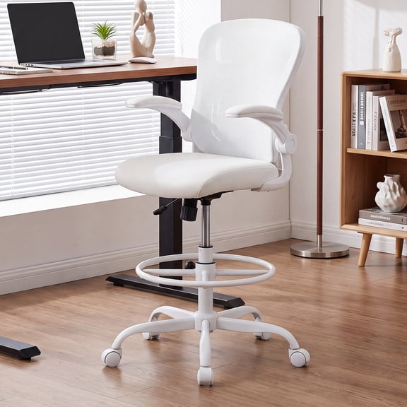 Ergonomic Drafting Chair, Tall Office Chair with Flip-up Armrests, Adustable Lumbar Support and Adjustable Footrest Ring 330LBS Capacity for Standing Desk, White