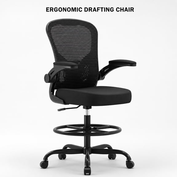 Ergonomic Drafting Chair, Tall Office Chair with Flip-up Armrests, Breathable Mesh High Desk Chair with Lumbar Support Adjustable Footrest Ring for Standing Desk Black