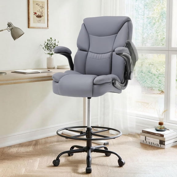 Ergonomic Drafting Chair, Tall Office Chair for Standing Desk, High Back Standing Desk Chair with Flip-Up Armrest, Adjustable Height&Foot Ring, Executive PU Leather Extended Height Office Chairs,Grey