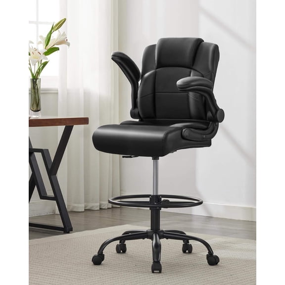 Ergonomic Drafting Chair for Standing Desk, Adjustable Height & Foot Ring, Flip-Up Armrests, High Office Chair for Home or Studio Use