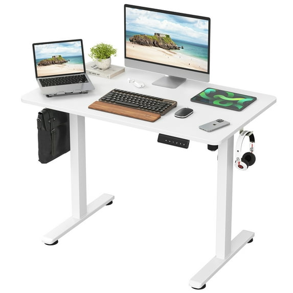 Ergonomic Electric Adjustable Height Desk with Splice Board - Durable Steel Frame Office Standing Desk for Home Workstation, 4 Memory Positions, Back Pain Relief Solution