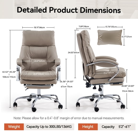 Ergonomic Executive Office Chair with Arms and Foot Rest | Reclining High Back PU Leather, Comfy Swivel, Wheels, Lumbar Support, Cream, Black, Khaki - Stainless Steel Frame, Memory Foam Filling