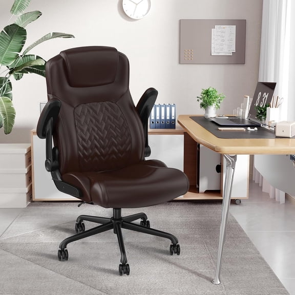 Ergonomic Executive Office Chair for Big & Tall - 500lbs Capacity with Lumbar Support & Flip-Up Armrests, Heavy Duty PU Leather Computer Desk Chair, Brown
