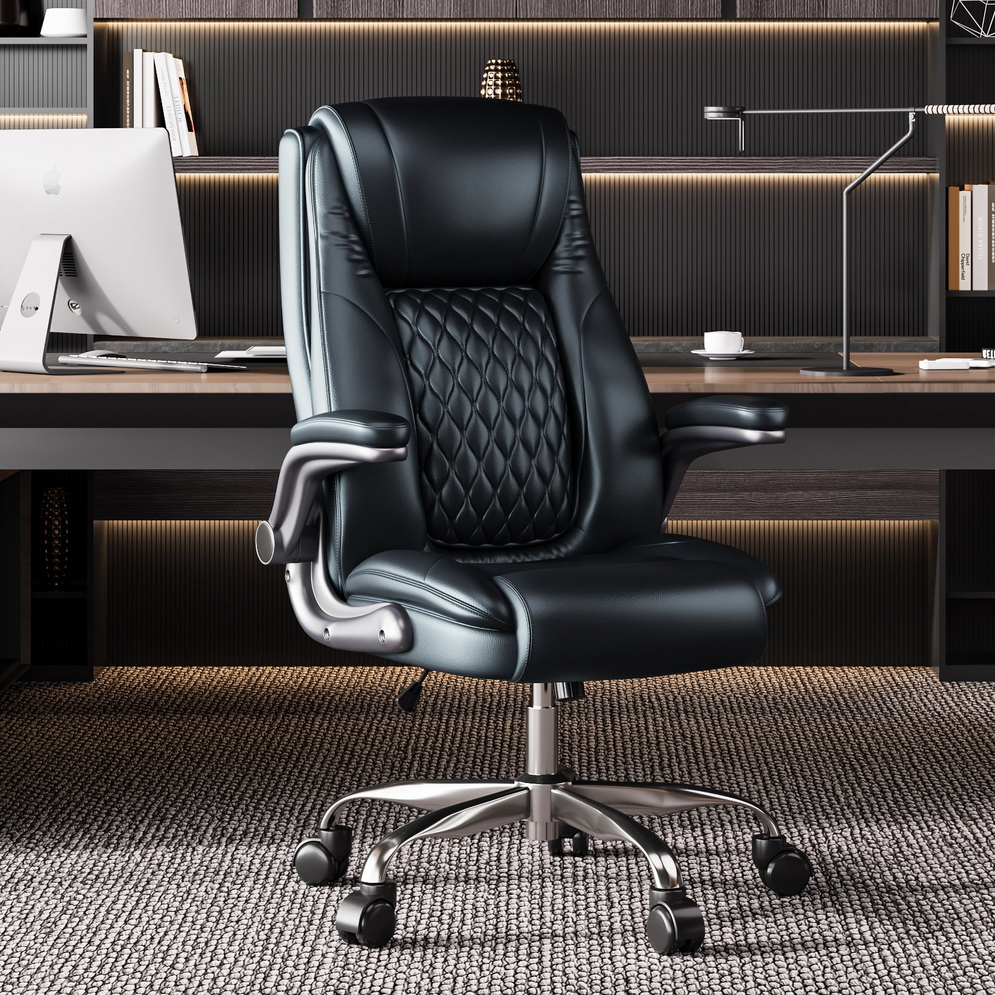 Leather office chair flip up arms deals