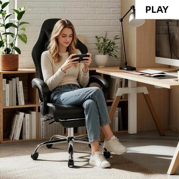 Ergonomic Executive Office Chair with Footrest, High Back PU Leather Computer Gaming Chair with Headrest and Lumbar Support, Adjustable Swivel Recliner Chair