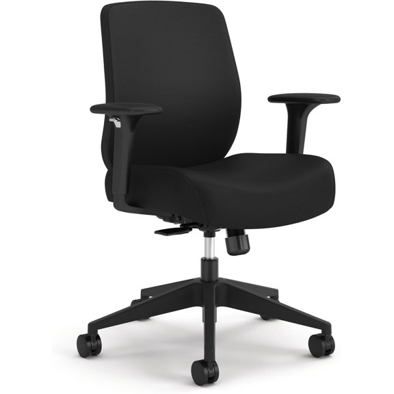 Ergonomic Fabric Office Chair with Arms, Wheels, Foam Cushion Seat, Low Back Home Office Desk Chair Comfy, Height Adjustable Arms, Synchro-Tilt, Seat-Slide, Black