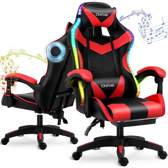 Ergonomic Gaming Chair, Brochao Gaming Chair with Speaker & LED Lights, Computer Racing Chair for Adults, PU Leather Office Chair with Footrest Lumbar Support Headrest, Red with Light