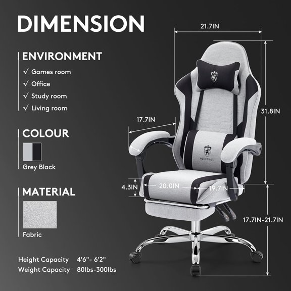 Ergonomic Gaming Chair with Footrest, Breathable Fabric Office Chair for Computer Desk, Reclining Gamer Chair with Massage Lumbar Support and Gel Pad, Adjustable Headrest Spring Cushion Grey Black