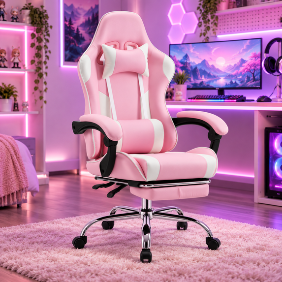 Ergonomic Gaming Chair with Footrest, High Back PU Leather Computer Video Game Desk Chair with Lumbar Support and Headrest, Reclining Swivel Executive Office Chair