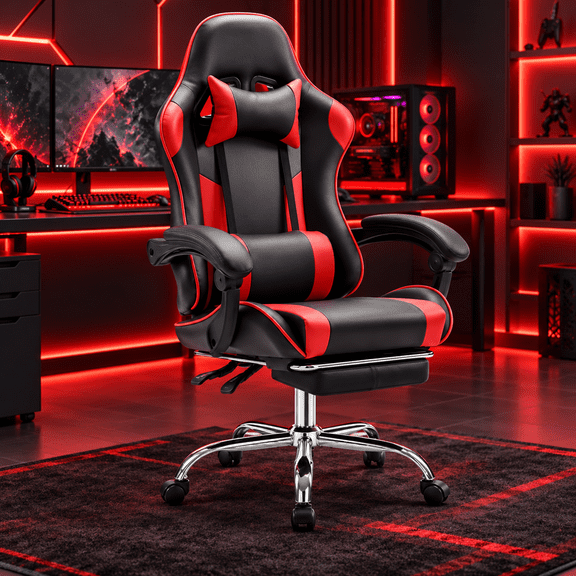 Ergonomic Gaming Chair with Footrest, High Back PU Leather Computer Video Game Desk Chair with Lumbar Support and Headrest, Reclining Swivel Executive Office Chair