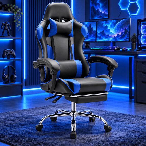 Ergonomic Gaming Chair with Footrest, High Back PU Leather Computer Video Game Desk Chair with Lumbar Support and Headrest, Reclining Swivel Executive Office Chair
