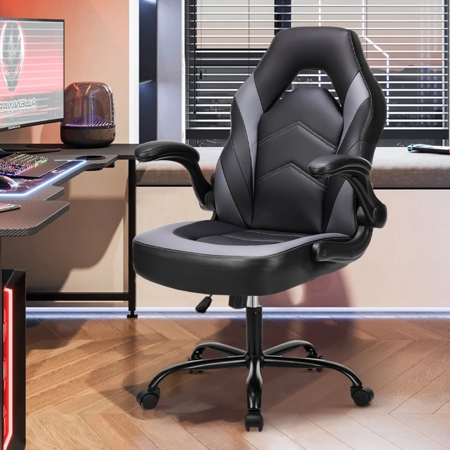 Ergonomic Gaming Chair, High Back PU Leather Computer Desk Chair with Lumbar Support, Flip-up Armrests & Adjustable Height, Black Gray