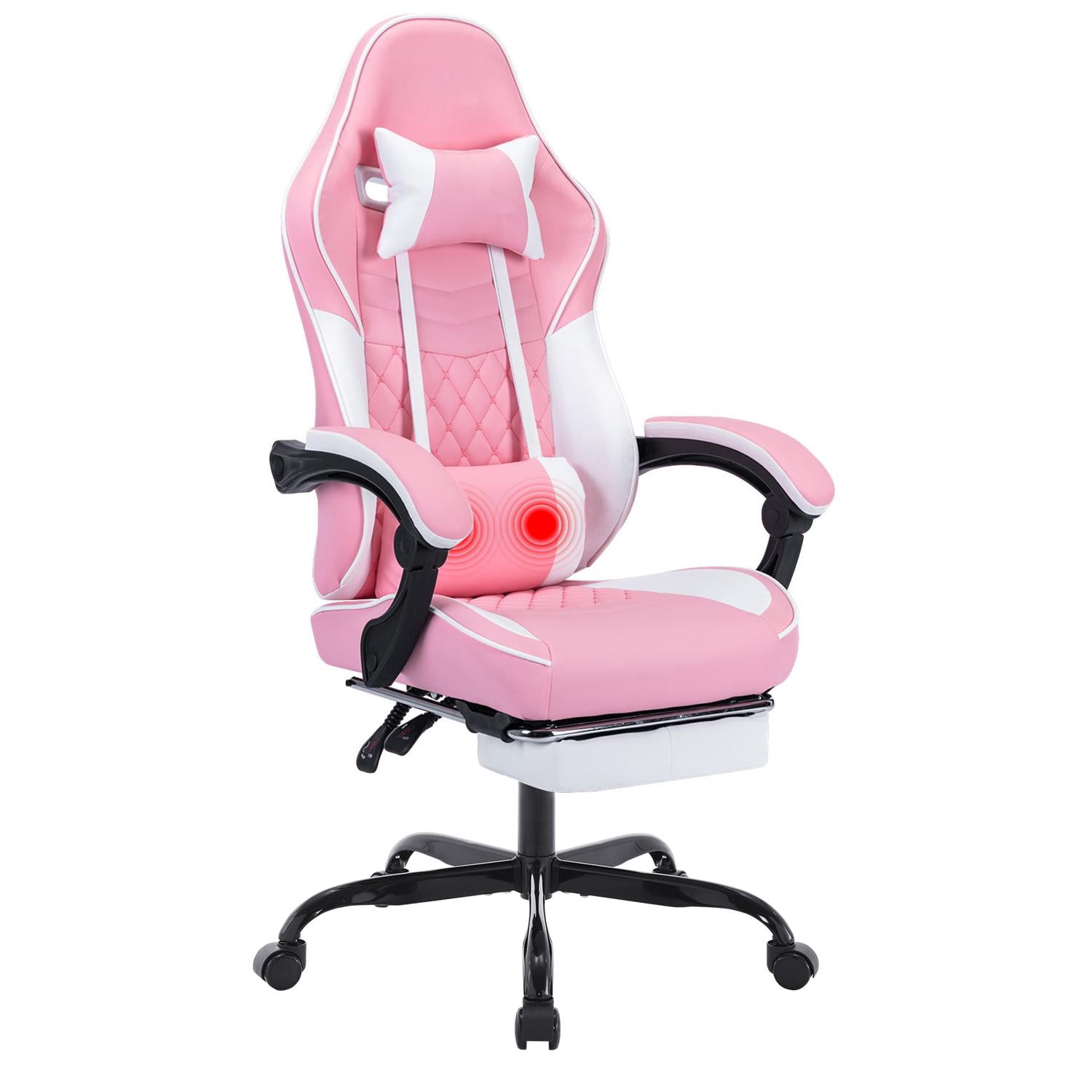 Ergonomic Gaming Chair with Massage Lumbar Support & Footrest, Racing Style Computer Chair with Adjustable Headrest for Home Office, Comfortable, Pink White