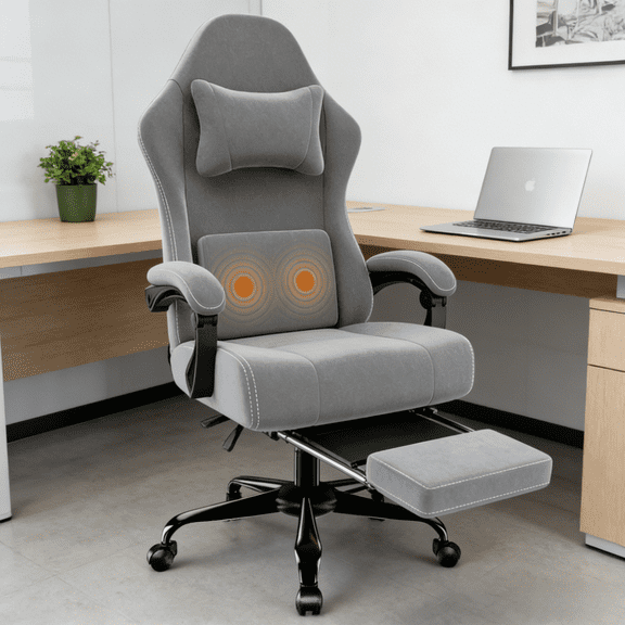 Ergonomic Gaming Chair with Massage Lumbar Support and Retractable Footrest Oversized Fabric Computer Desk Chair Height Adjustable Reclining 350 lb Capacity Office Racing Style Chair for Adults