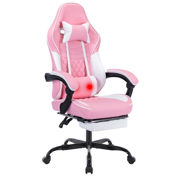 Ergonomic Gaming Chair for Adults, Computer Gaming Chair with Massage Lumbar Support and Footrest, Racing Style with Adjustable Headrest, Pink