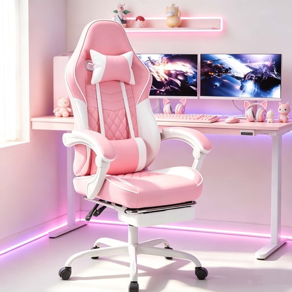 Ergonomic Gaming Chair with Massage Lumbar Support and Footrest, Computer Gaming Chair Racing Style Adjustable Headrest for Adults, Pink White