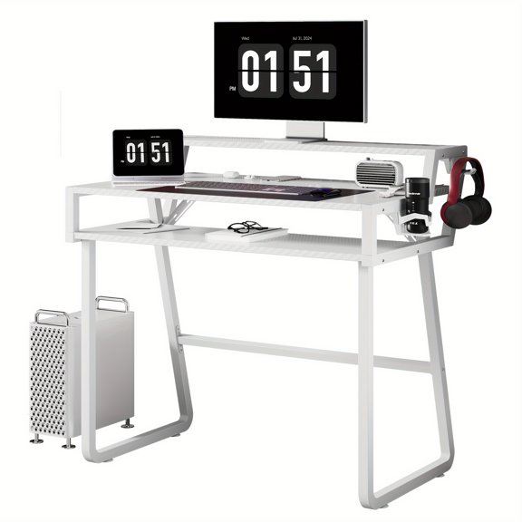 Ergonomic Gaming Computer Desk with 3-Tier Design, Large Carbon Fiber Surface, Steel Tube Frame, Cup Holder, and Headphone Hook