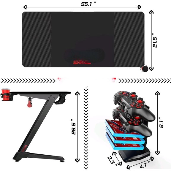 Ergonomic Gaming Desk 55 Inch, Z Shaped Office PC Computer Desk with Mouse Pad, Gamer Tables with Gaming Handle Rack, Cup Holder Headphone Hook$$Home Decor, Kitchen, & Other