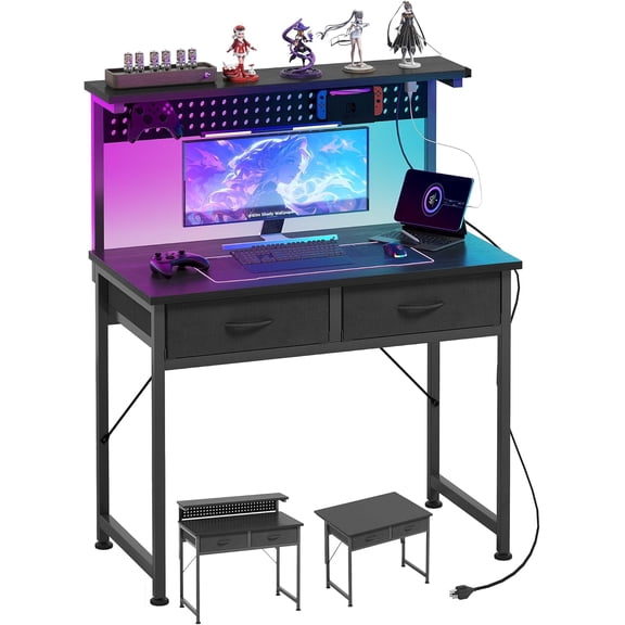 Ergonomic Gaming Desk with RGB Lighting, Dual Drawers & Cup Holder L-Shaped Corner Computer Desk with Monitor Shelf, Headphone Hook and Cable Management for Streamer and Home Office Setup,Black