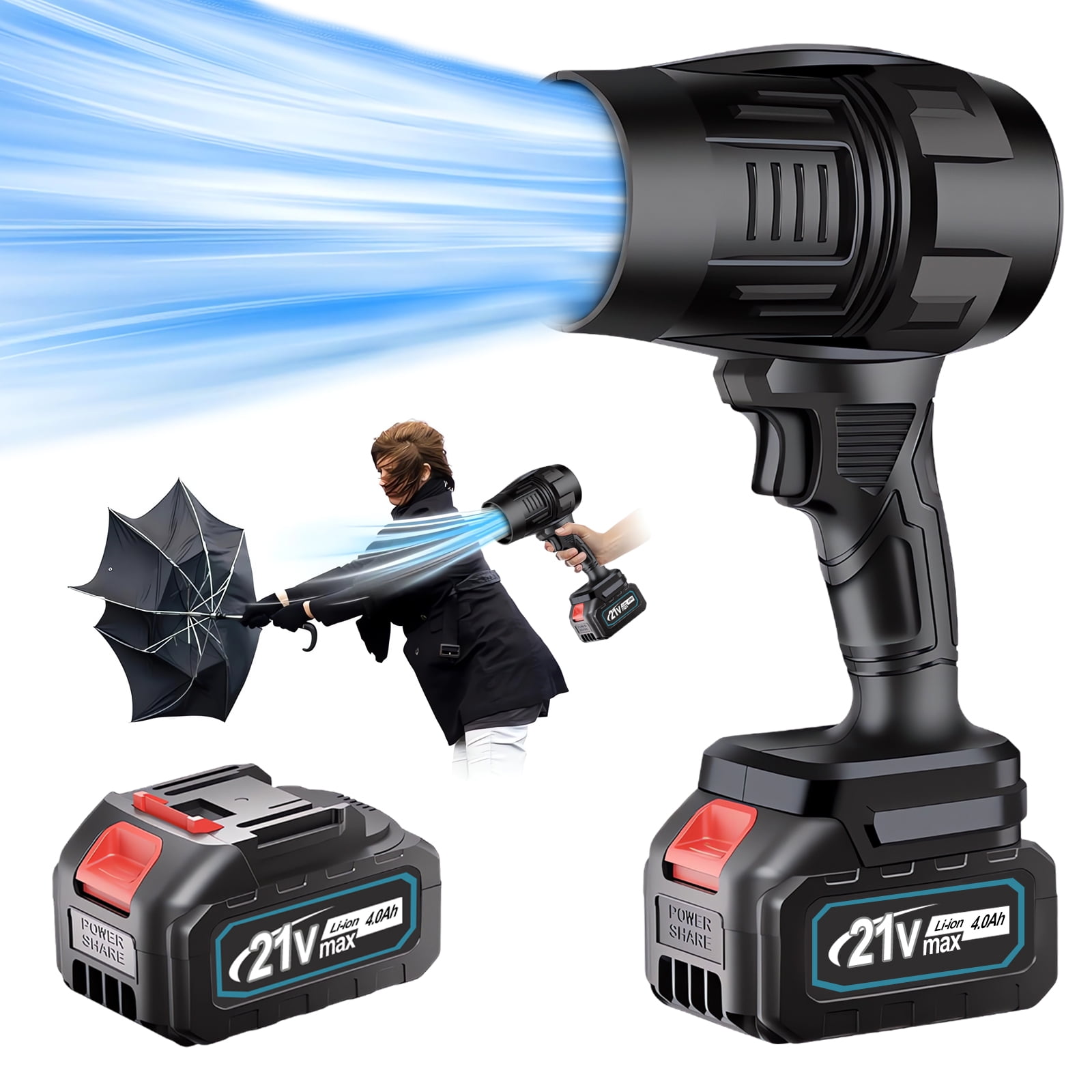 Ergonomic Handheld Turbo Blower 21V 850W Cordless Blower 80000 RPM Adjustable Speed for Yard Leaf & Snow Cleaning, Black