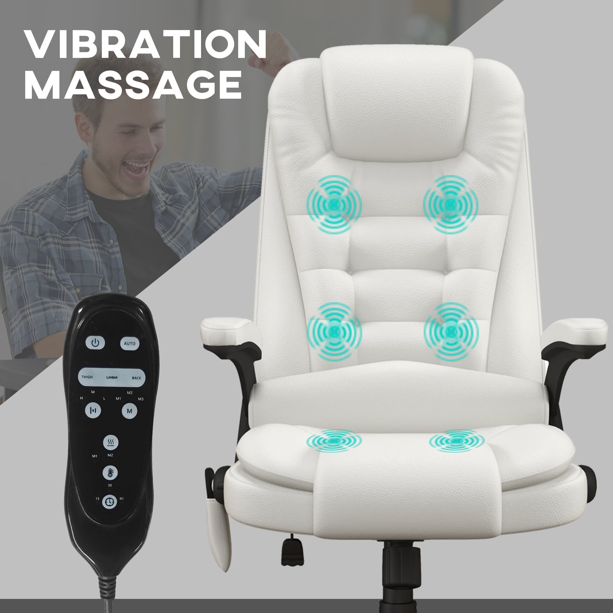 Ergonomic High Back Massage Office Chair with 6 Vibration Points and Heat, Reclining PU Leather Computer Chair with Remote, White for Home Office