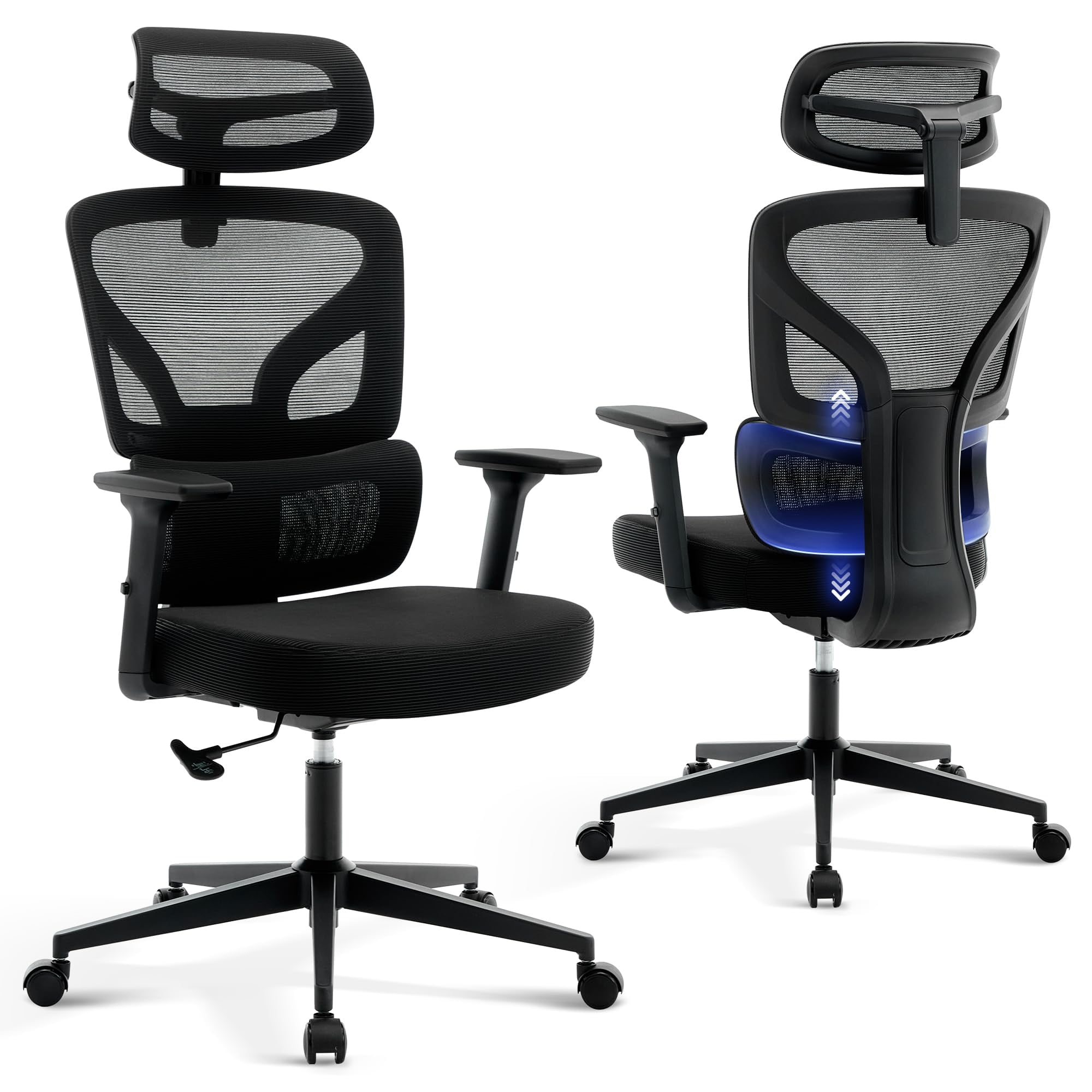 Ergonomic High-Back Mesh Office Chair – Adjustable Lumbar, 3D Armrests, Headrest & Recline – Breathable Swivel Desk Chair, Supports 300 lbs – Black Frame & Black, Sprayed Black