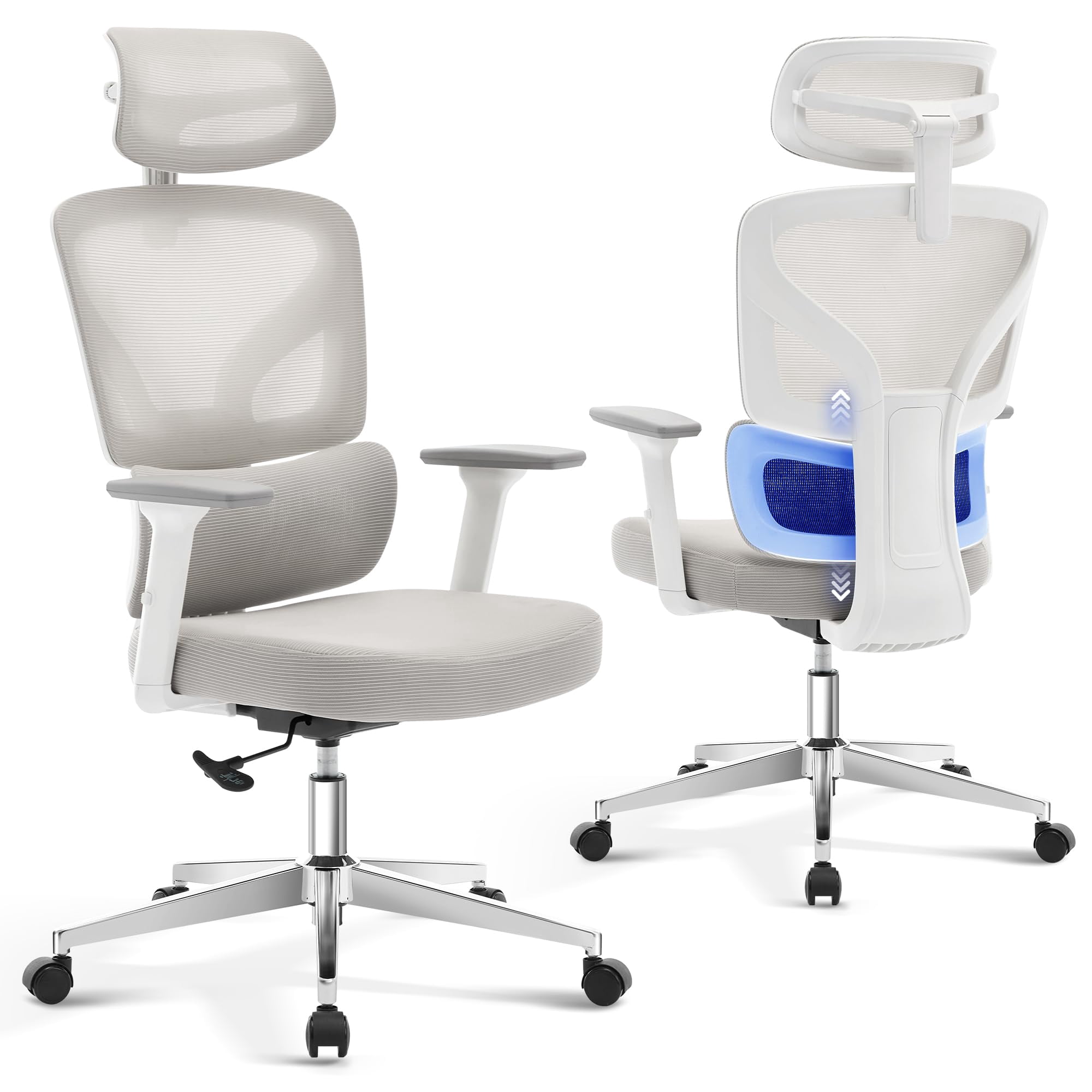 Ergonomic High-Back Mesh Office Chair – Adjustable Lumbar, 3D Armrests, Headrest & Recline – Breathable Swivel Rolling Desk Chair, Supports 300 lbs – White Frame & Gray, Electroplated Base