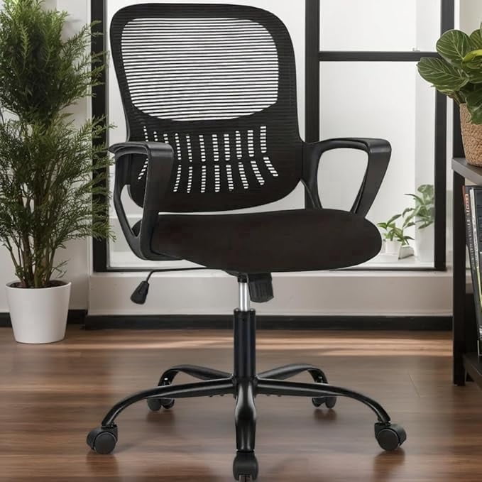 Ergonomic High-Back Mesh Office Chair - Breathable Waist and Back Support Computer Chair with Fixed Armrests, Height Adjustment, and 360° Swivel Base(Black)