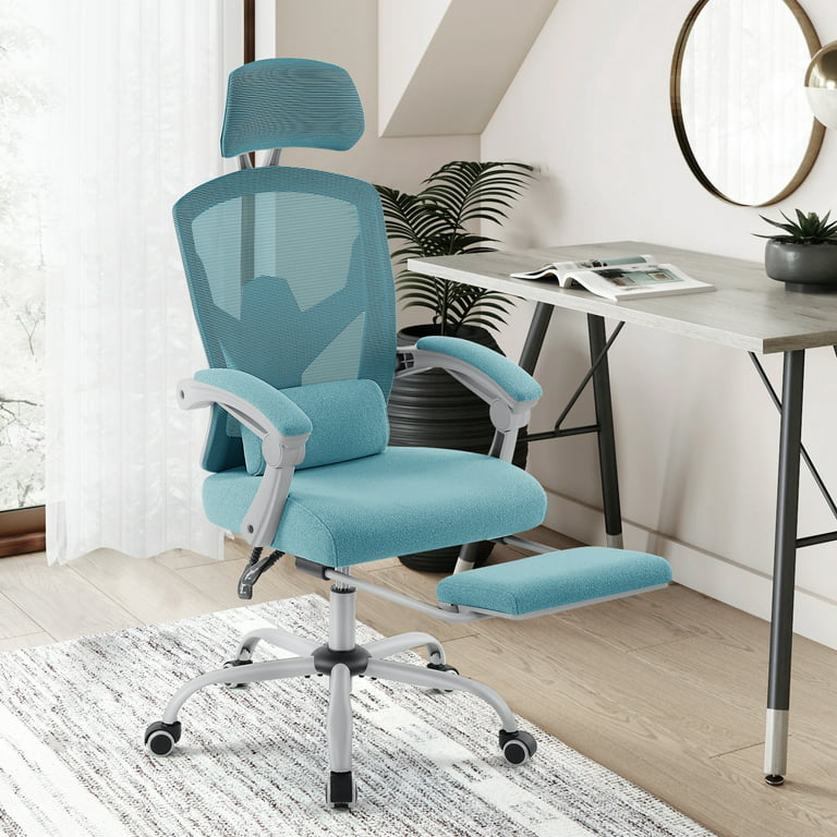 Ergonomic High-Back Mesh Office Chair with Footrest, Headrest, Lumbar  Support, and Armrests, Reclining Computer Desk Chair on Wheels for Home  Office Tasks, Blue 