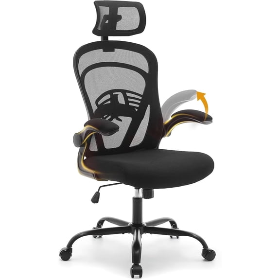 Ergonomic High-Back Office Chair – Wide Mesh Seat, Lumbar Support, Turnover-Up Arms, Adjustable Swivel Desk Chair for Home, Study, or Gaming