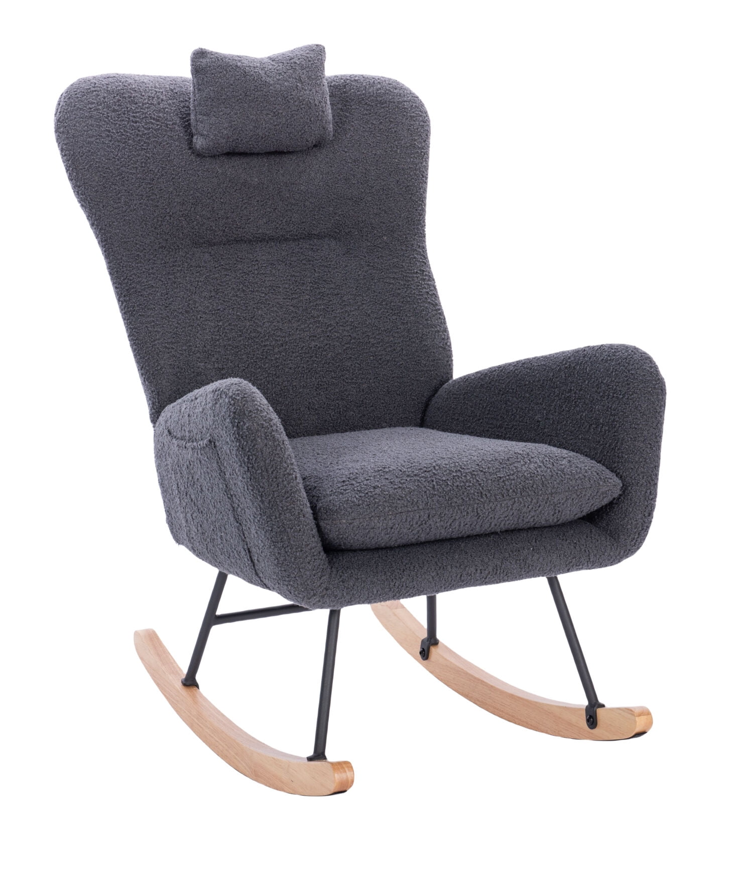 Ergonomic High Back Rocking Chair for Nursery & Living Room - Sturdy Steel Frame & Thick Cushion (Dark Grey Teddy)