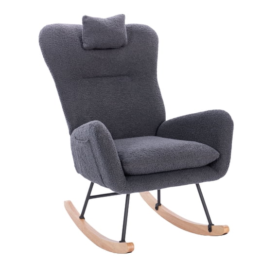 Ergonomic High Back Rocking Chair for Nursery & Living Room - Sturdy Steel Frame & Thick Cushion (Dark Grey Teddy)