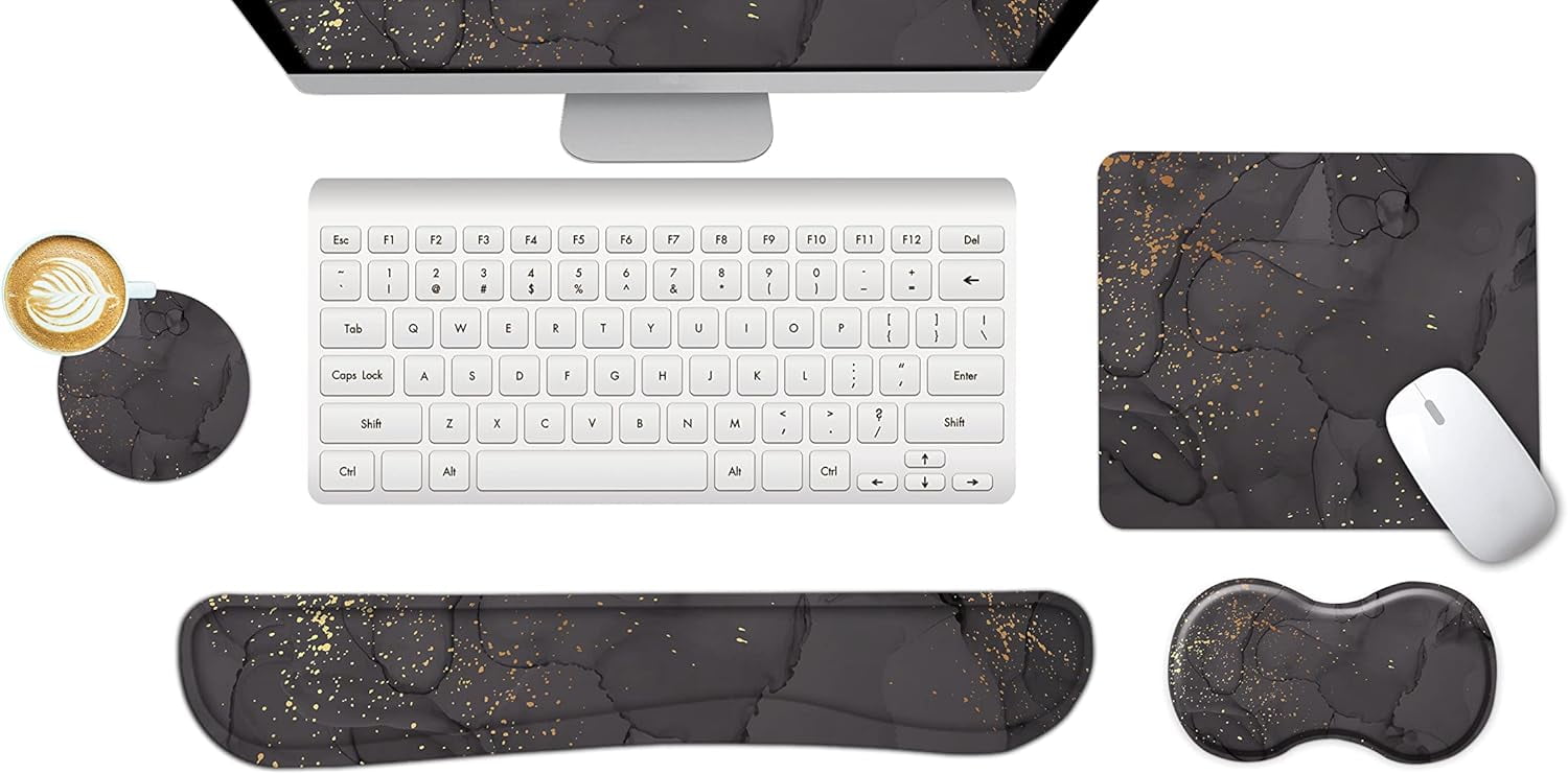 Set Poggiapolsi RICHEN Per Tastiera E Mouse In Memory Foam - Ergonomico, Antiscivolo, Dimensioni 44x8,5 Cm E 25x22 Cm, Include Sottobicchiere, Per Ufficio E Gaming, Allevia I Dolori - 3