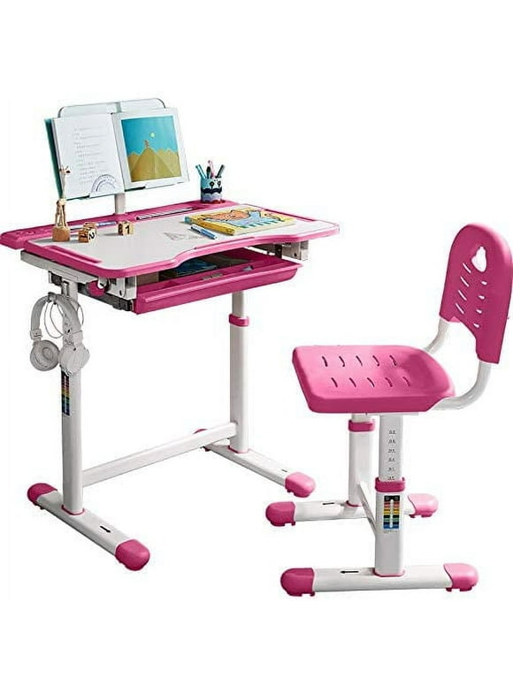 Ergonomic Kids Study Desk and Chair Height Adjustable School Student Study Desk with Tilt Desktop, Book Stand, Cup Holder, Steel Hook, Storage Drawer and Height Adjustable Chair Set