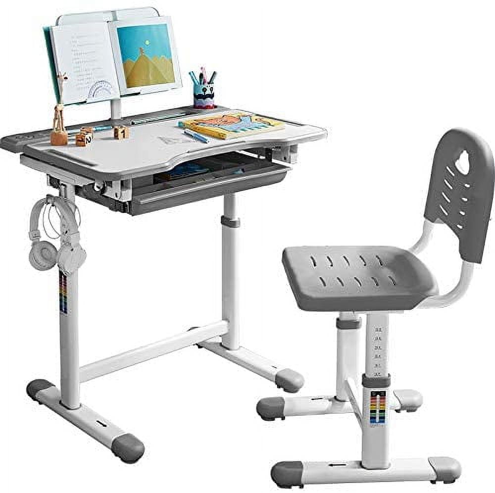 Ergonomic Kids Study Desk and Chair Height Adjustable School Student Study Desk with Tilt Desktop, Book Stand, Cup Holder, Steel Hook, Storage Drawer and Height Adjustable Chair Set