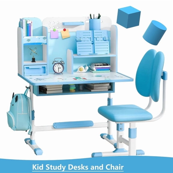 Ergonomic Kids Study Desk and Chair Set, Height Adjustable Children School Desk with Shelf & Large Drawers, Kids Writing Study Table (Blue)