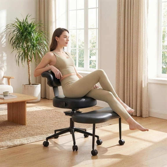 Ergonomic Kneeling Chair, Cross Legged Office Chair with Wheels & Lumbar Support, Adjustable Height Meditation Yoga Chair for ADHD & Desk Work-Black