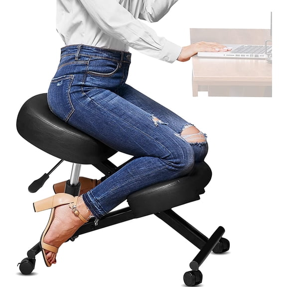 Ergonomic Kneeling Chair for Office, Height Adjustable Stool with Thick Foam Cushions for Home and Office, Angled Seat to Improve Posture - Relieve Neck & Back Pain, Upgraded Pneumatic Pump
