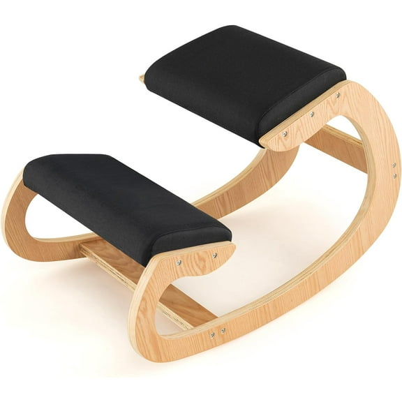 Ergonomic Kneeling Chair, Wooden Posture Chair W/Extra Padding for Back Neck Pain Relief & Improving Posture, Rocking Meditation Stool W/Knee Support for Home Office (Black)