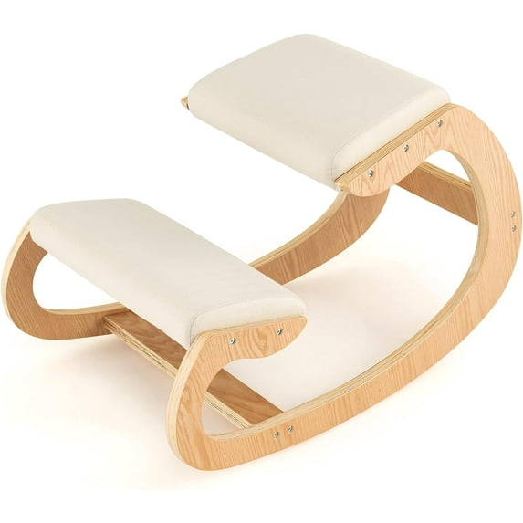 Ergonomic Kneeling Chair, Wooden Posture Chair W/Extra Padding for Back Neck Pain Relief & Improving Posture, Rocking Meditation Stool W/Knee Support for Home Office (Beige)